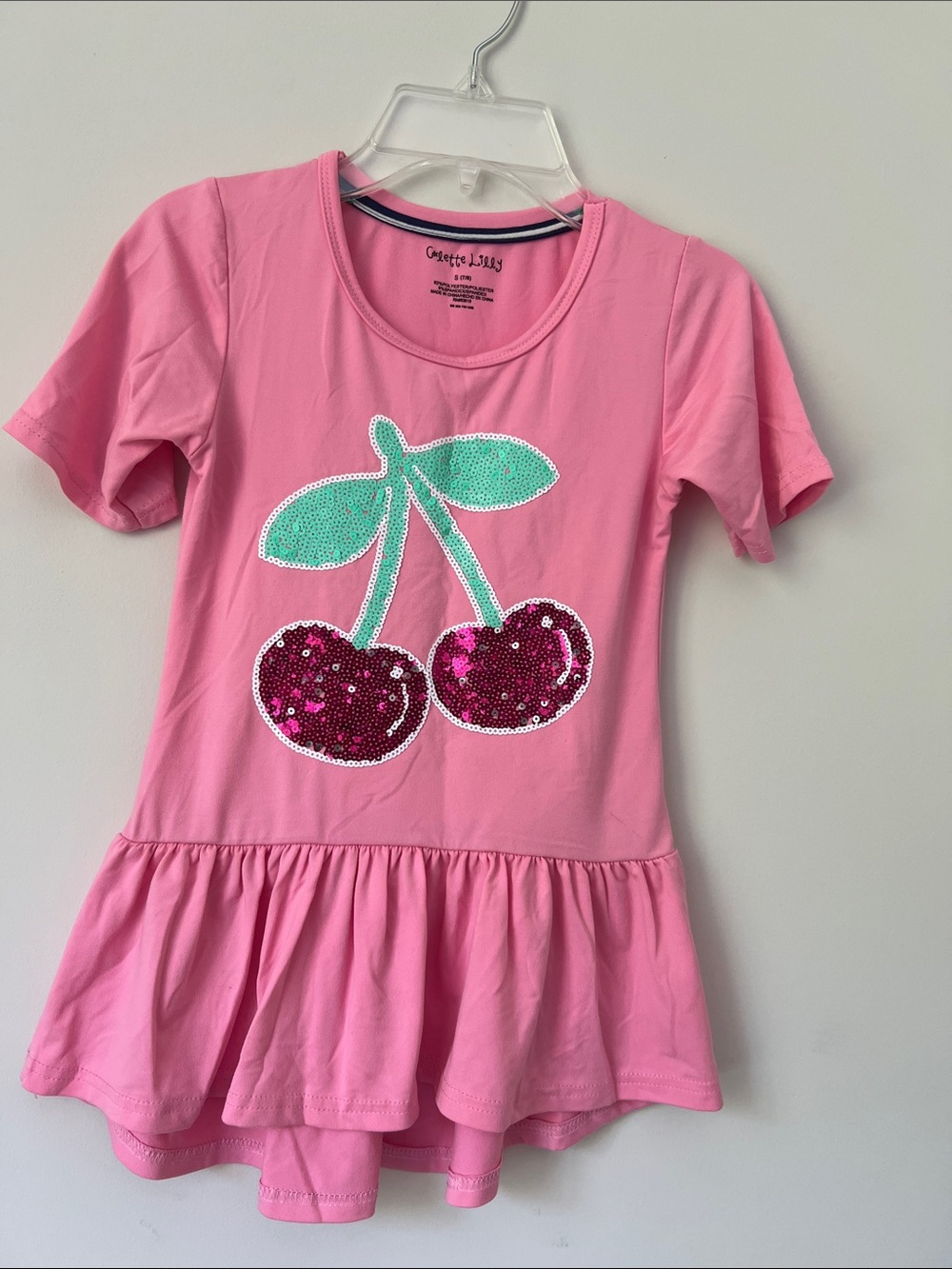 Colette Lilly Pink Sequin Cherry Short Sleeve Peplum Tee